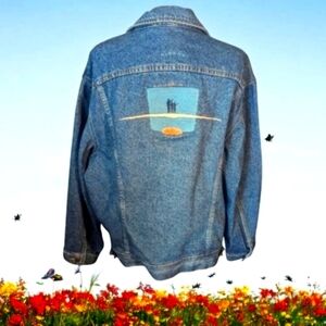 Vtg 80's Lee Riders rare Denim Truckers Jacket Hunting Back Patch Unisex Sz L